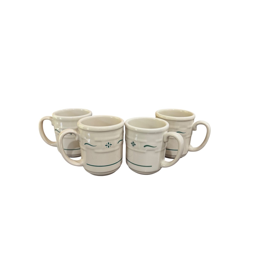 Longaberger Pottery Woven Traditions Coffee Mugs Ivory Green Set of 4